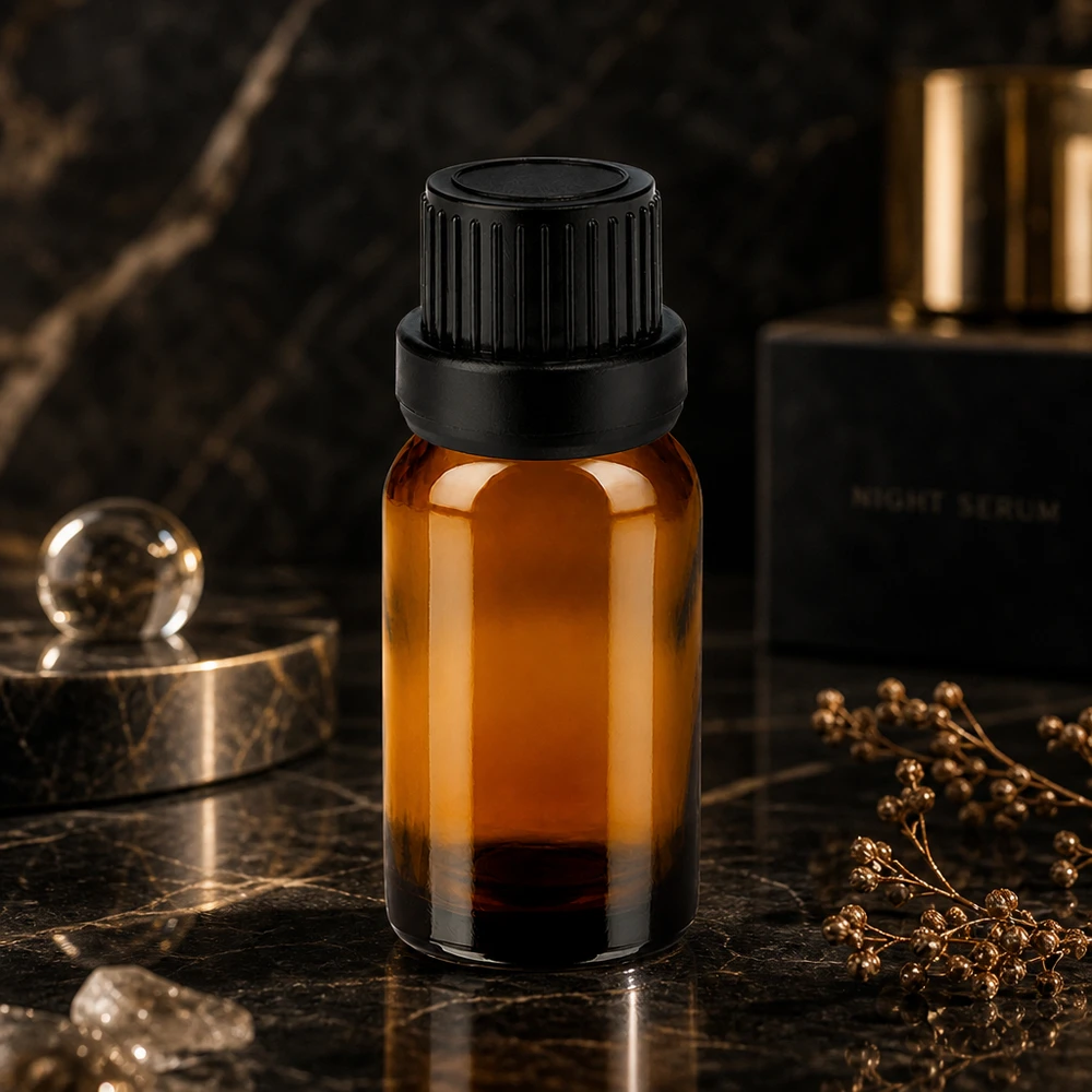 10 ml flaske 11 mm SV sort OV BrownLine UT18/10 Sort skruelåg 11 mm SV på 10 ml ravfarvet glasflaske til professionel kosmetikemballage
