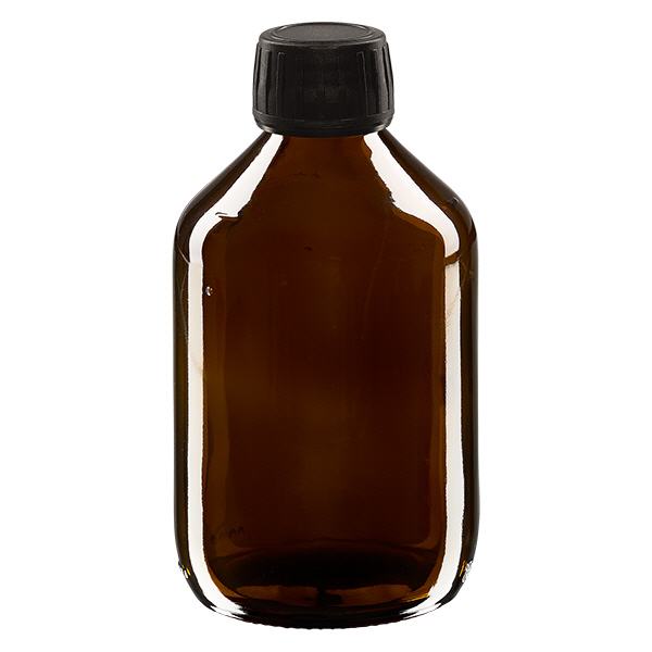 300 ml medicinflaske brun, hætte sort med manipulationssikker ring ApoGlas. Farmaceutisk kvalitet fra EU-produktion. 28 mm (PP28) gevind. (sirup, let glasflaske) 300 ml medicinflaske brun, hætte sort med manipulationssikker ring ApoGlas. Farmaceutisk kvalitet fra EU-produktion. 28 mm (PP28) gevind. (sirup, let glasflaske)
