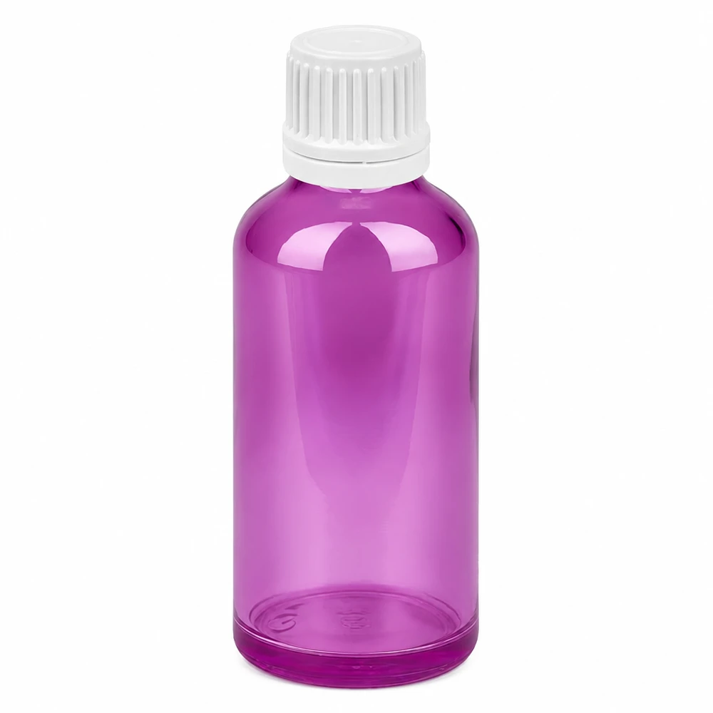 50 ml flaske 11 mm skruelåg hvid Originality skruelåg PurpleLine UT18/50 Lilla 50 ml glasflaske med hvidt skruelåg til æteriske olier og kosmetik