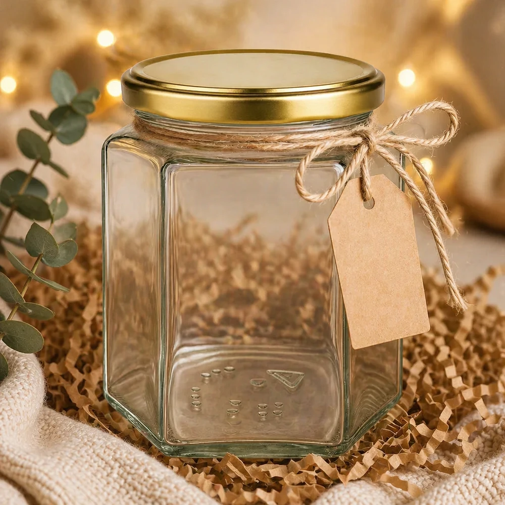 500 g honningglas med gyldent låg BasicSeal UNiTWIST 500g Honigglas BasicSeal UT mit Geschenkanhänger Bastband dekorativ präsentiert warme Beleuchtung Geschenkidee