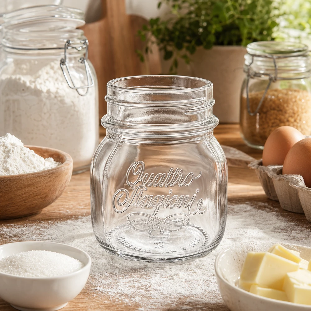 150 ml husholdningsglas "Quattro Stagioni" 150 ml Quattro Stagioni husholdningskrukke konserveringskrukke på træbord med bageingredienser mel æg smør køkkentilbehør