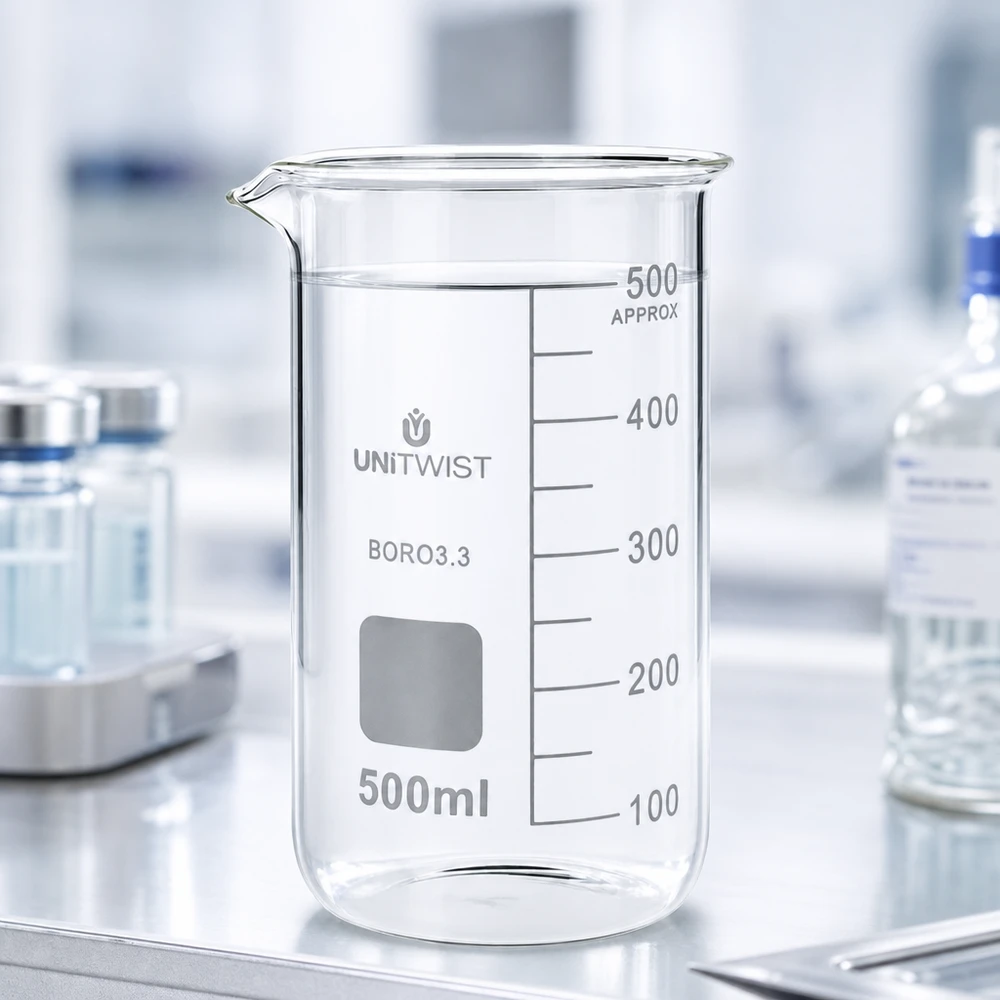 Bægerglas 500 ml borosilikat, høj form UNITWIST Tomt, gennemsigtigt bægerglas, 500 ml, høj form, borosilikat 3.3, på laboratoriebordet