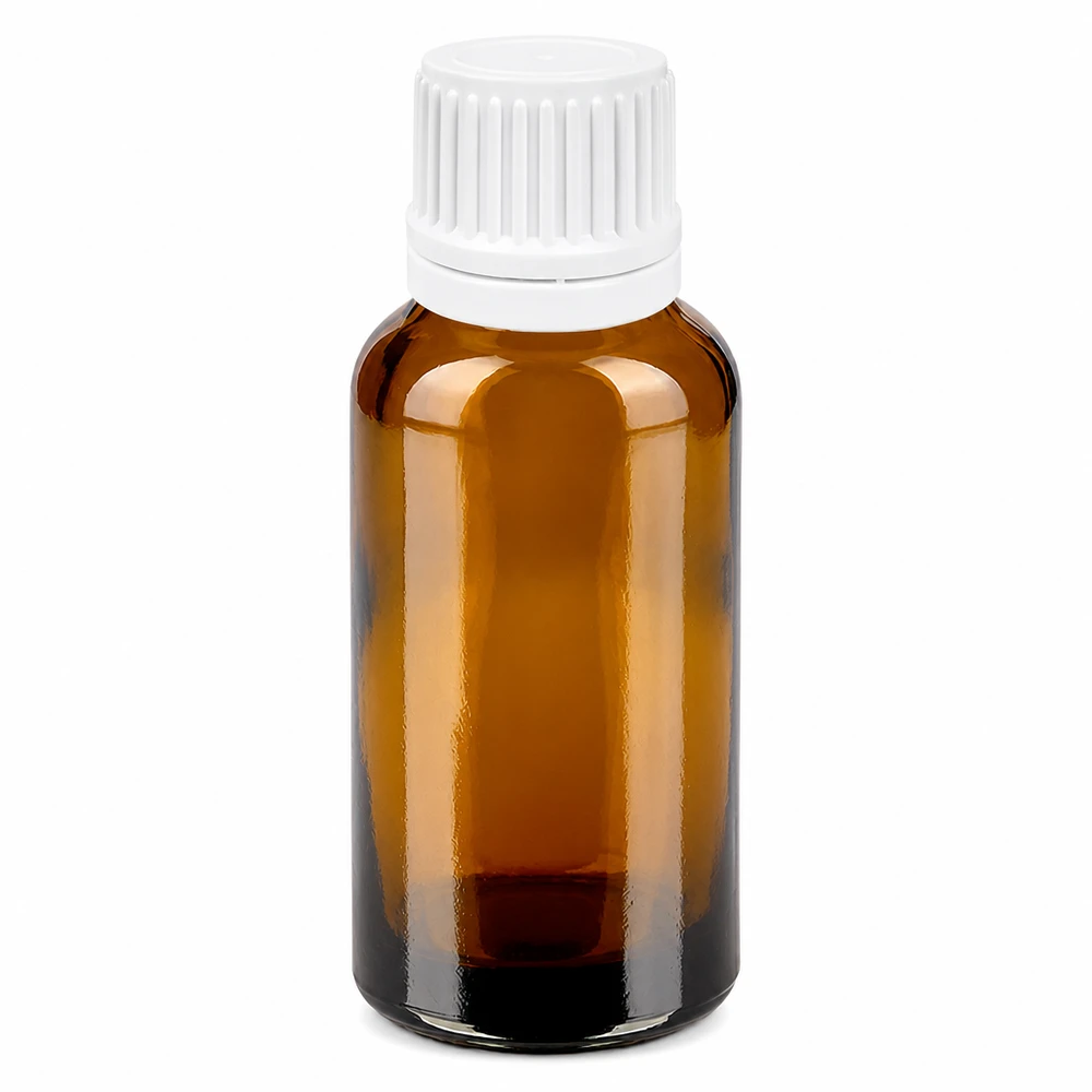 30 ml Dropperflaske 0,7 mm hvid OV BrownLine UT18/30 30 ml dråbeflaske af ravfarvet glas med hvid hætte og 0,7 mm dråbeåbning til præcis dosering