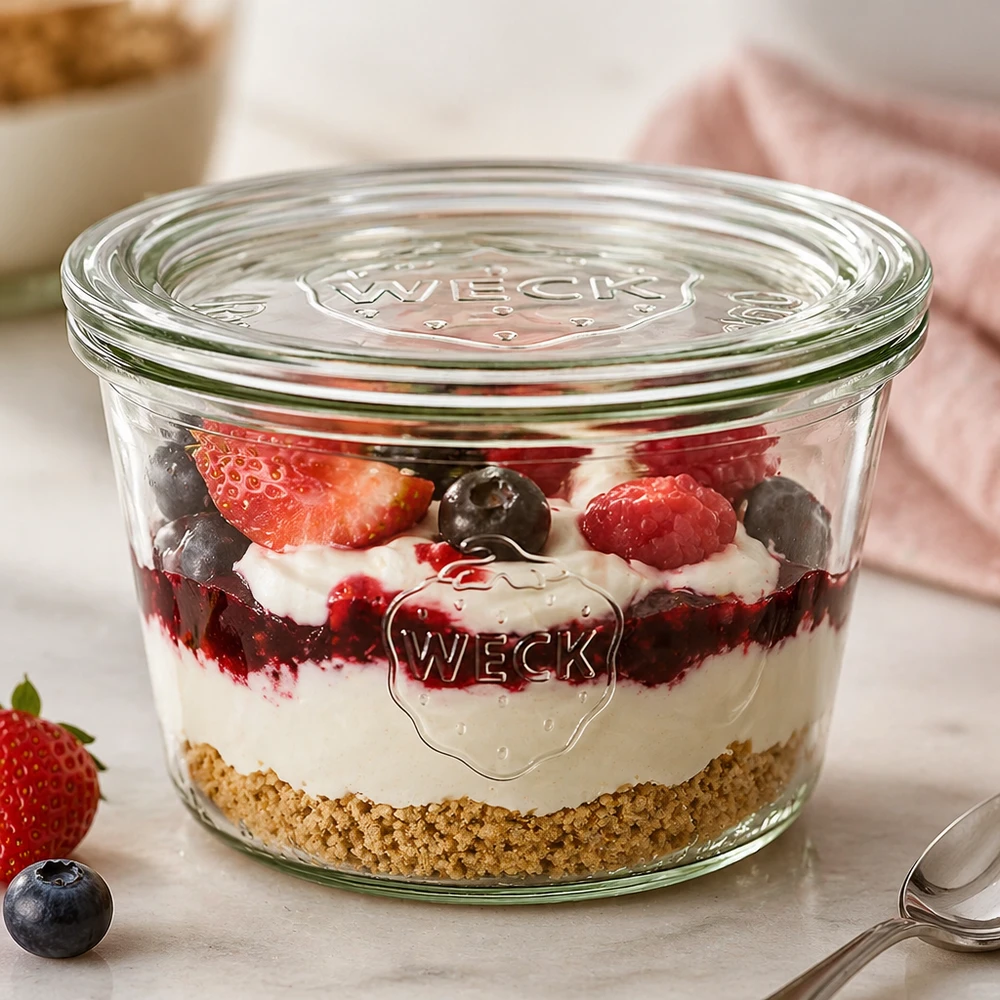 370 ml krukke med glaslåg WECK RR100 WECK-glas 370 ml RR100 med lagdelt dessert af kiksebund, creme og bær brugt som dessertglas