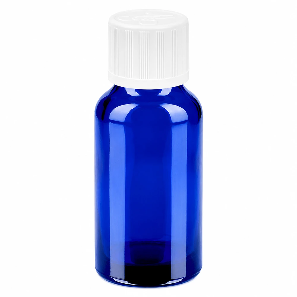 Blå 20 ml glasflaske med hvidt skruelåg til æteriske olier og kosmetik