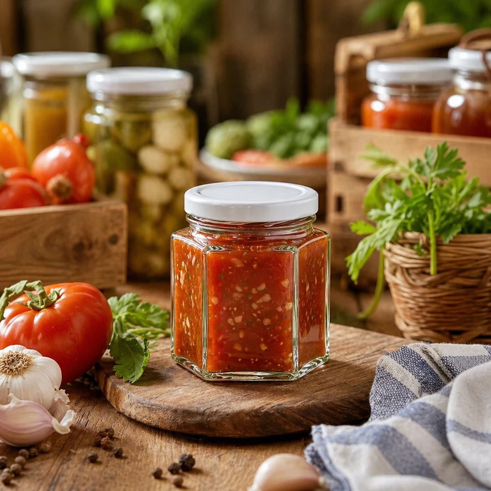 47 ml hexa-krukke med BasicSeal-låg hvid UNiTWIST 47 ml hexa-krukke med BasicSeal-låg fyldt med tomatsauce mellem friske tomater og krydderurter på en træplade