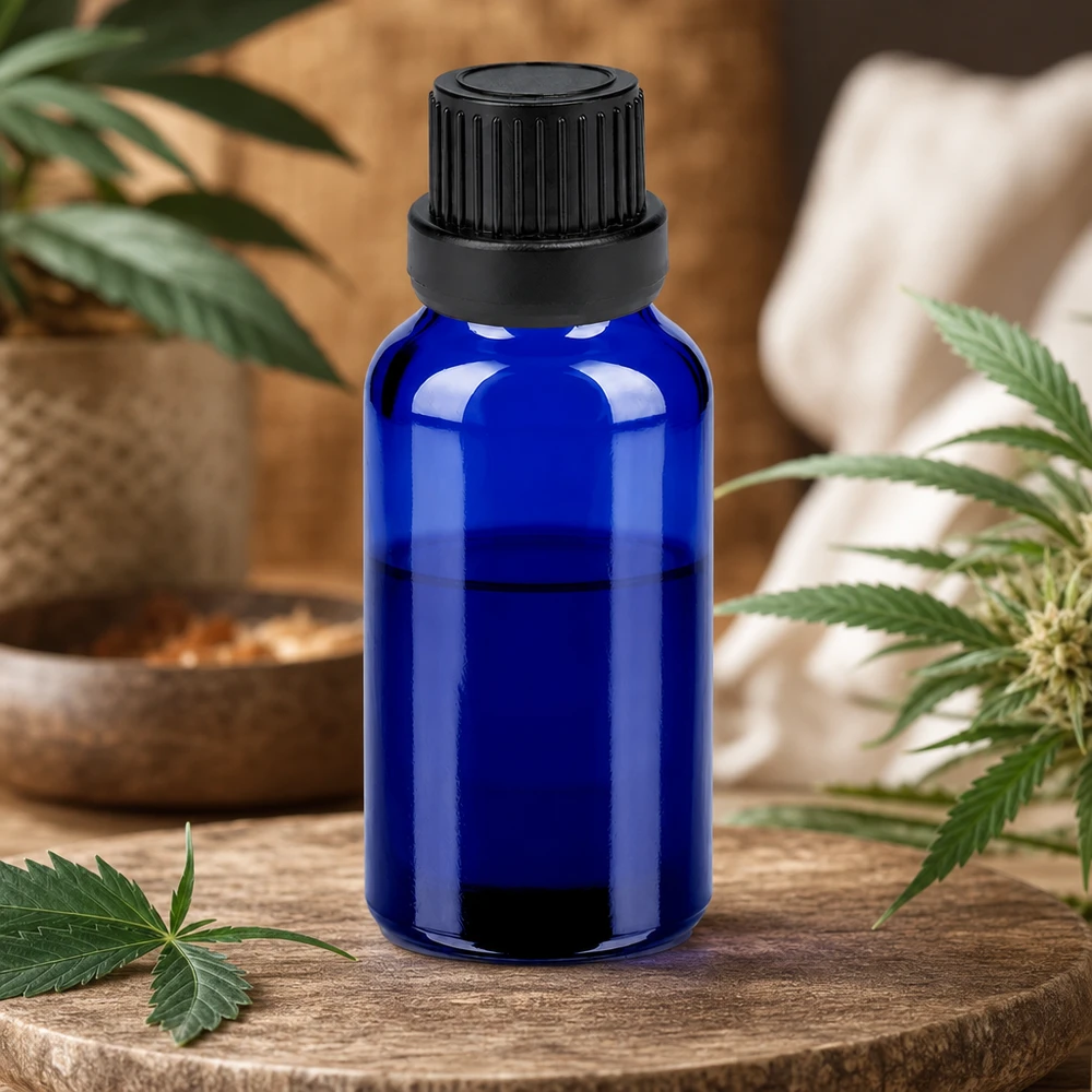 Kompakt 20 ml flaske af blåt glas med sort låg, ideel til gør-det-selv-kosmetik