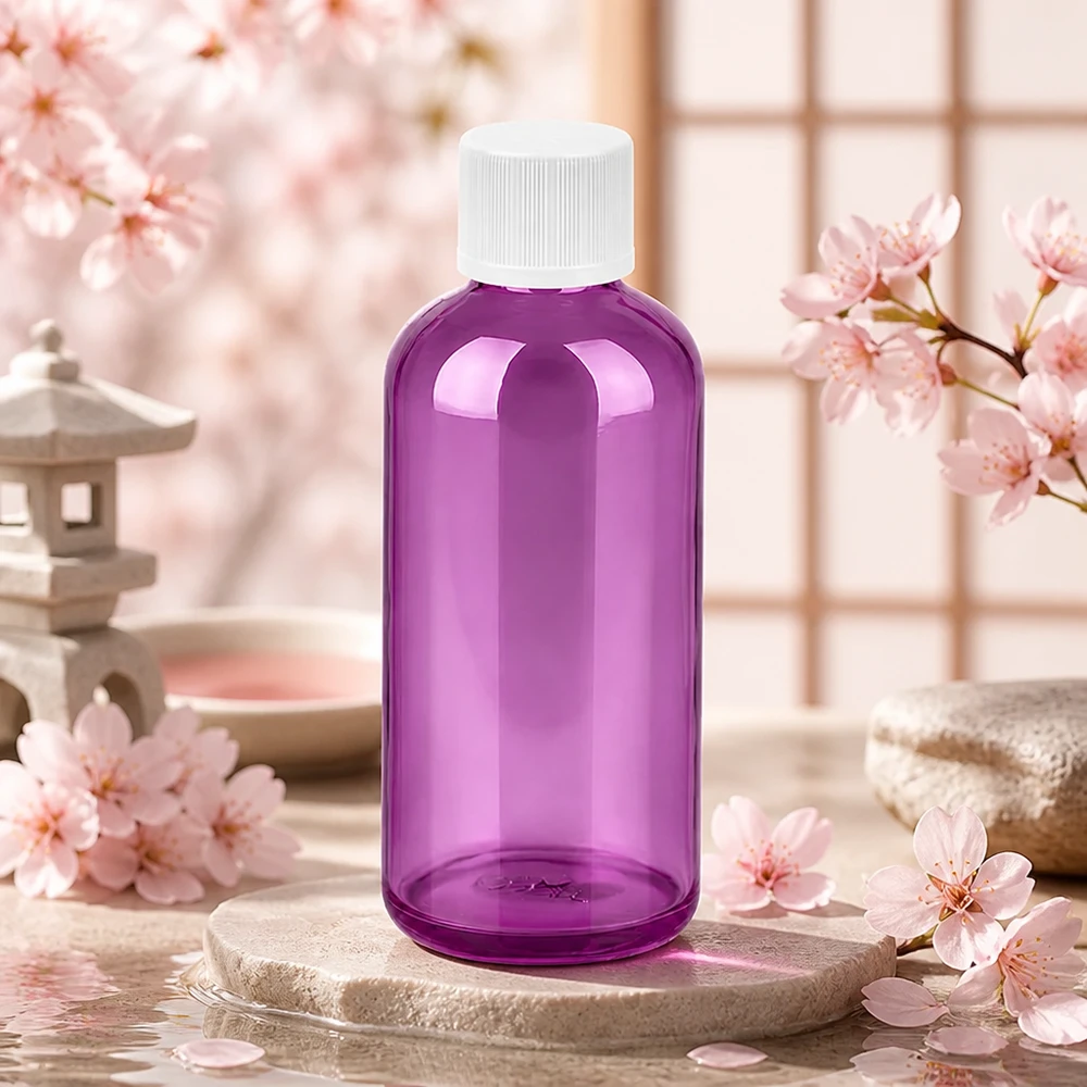 100 ml flaske 11 mm skruelåg hvid standard børnesikret PurpleLine. UT18/100 Højkvalitets PET-flaske 100 ml i lilla farve med robust hvid plasthætte