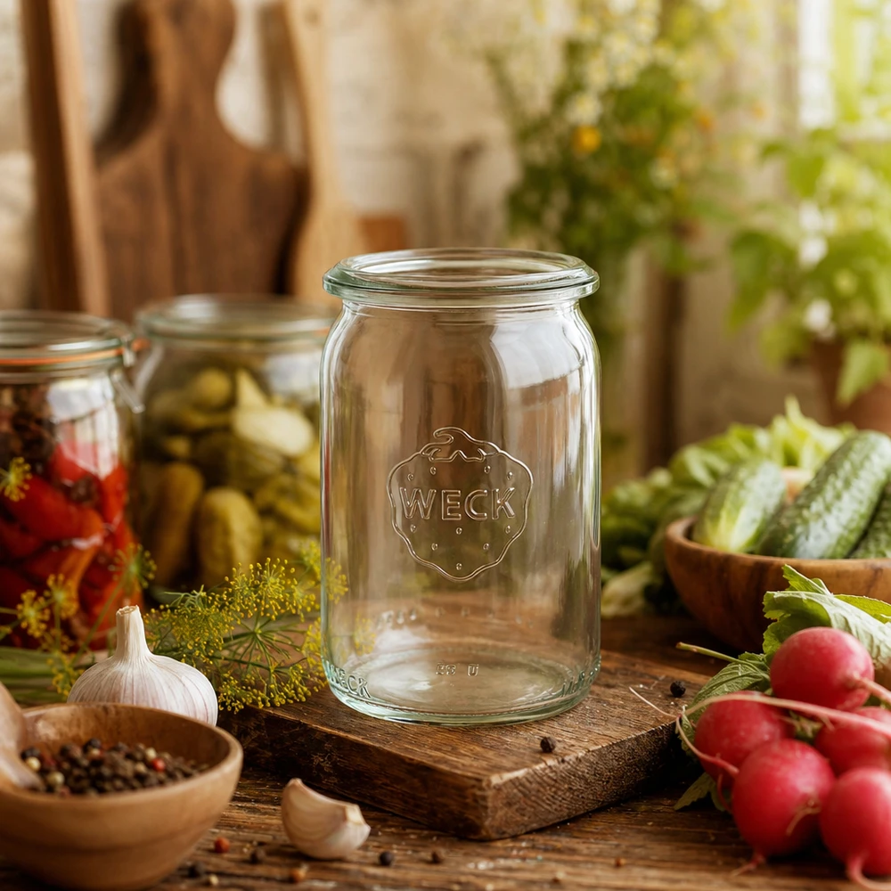 145 ml cylinderglas WECK RR40 WECK RR40 cylinderkrukke 145 ml i rustikt køkken dekorativt arrangeret med friske grøntsager og konserveringsingredienser