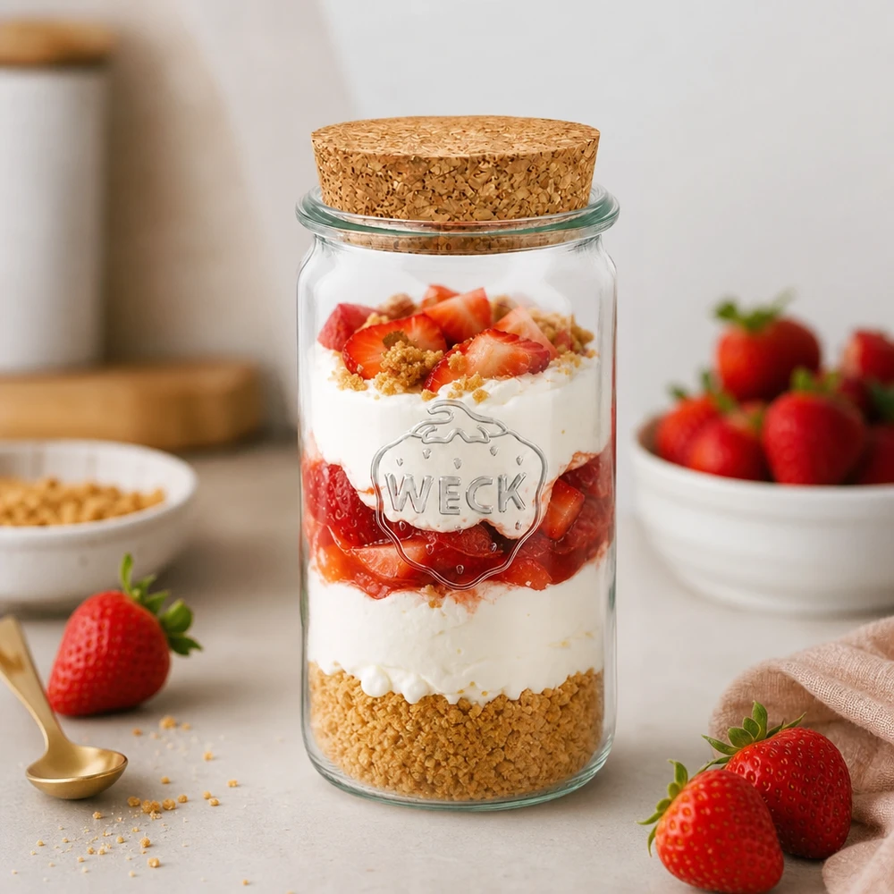 340 ml cylinderglas WECK RR60 med kork natur WECK-krukke 340 ml RR60 som dessertkrukke fyldt med jordbær og fløde viser den alsidige brug af korkskrukken