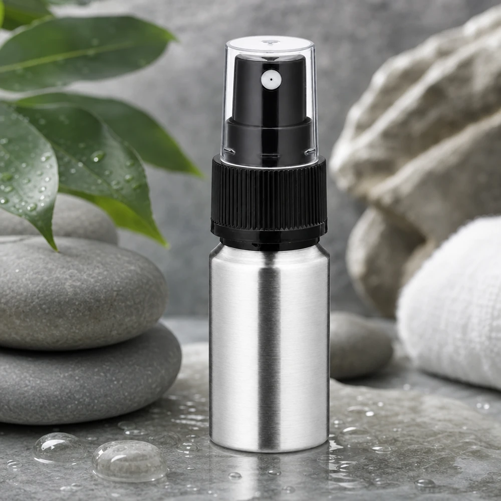10 ml flaske i poleret aluminium med forstøver Robust 10 ml aluminiumsflaske med forstøver - korrosionsbestandigt materiale til langtidsholdbar opbevaring