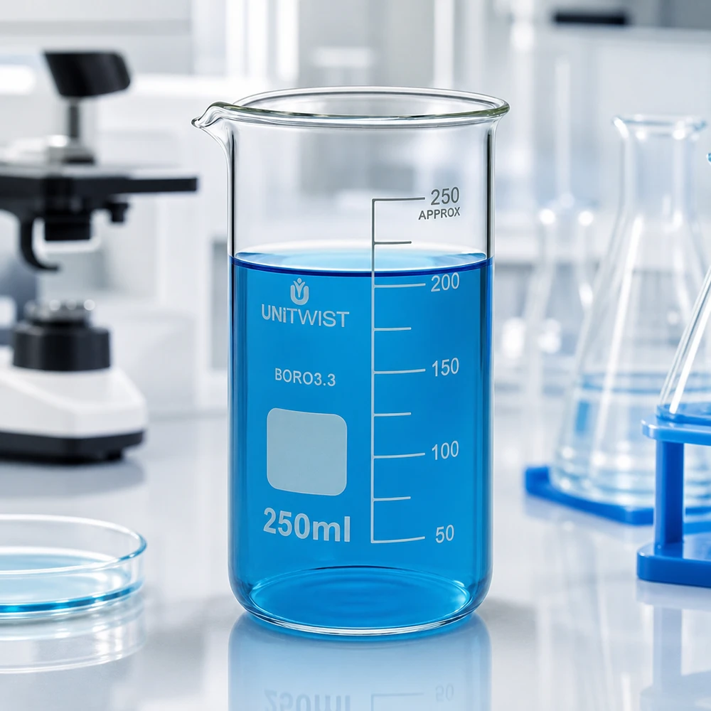 UNITWIST laboratorieglas, 250 ml bægerglas, høj model med blå væske i laboratoriet