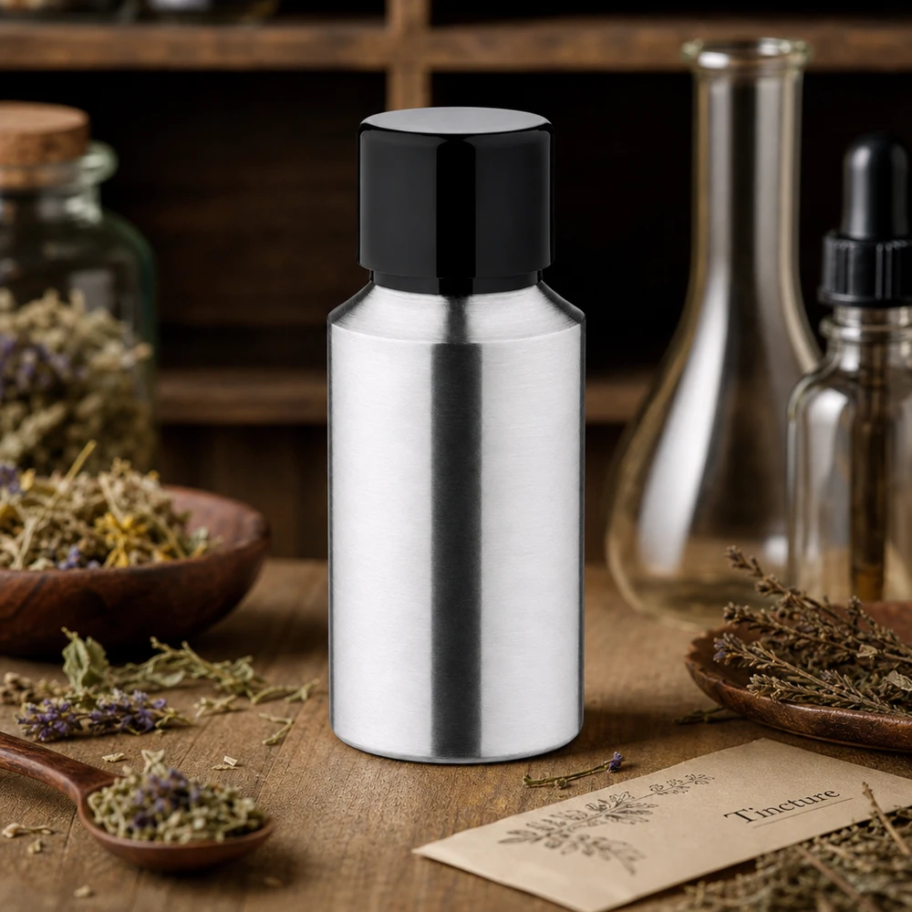 30 ml flaske i poleret aluminium med skruelåg 30 ml flaske i poleret aluminium med sort hætte, ideel til urteessenser og tinkturer