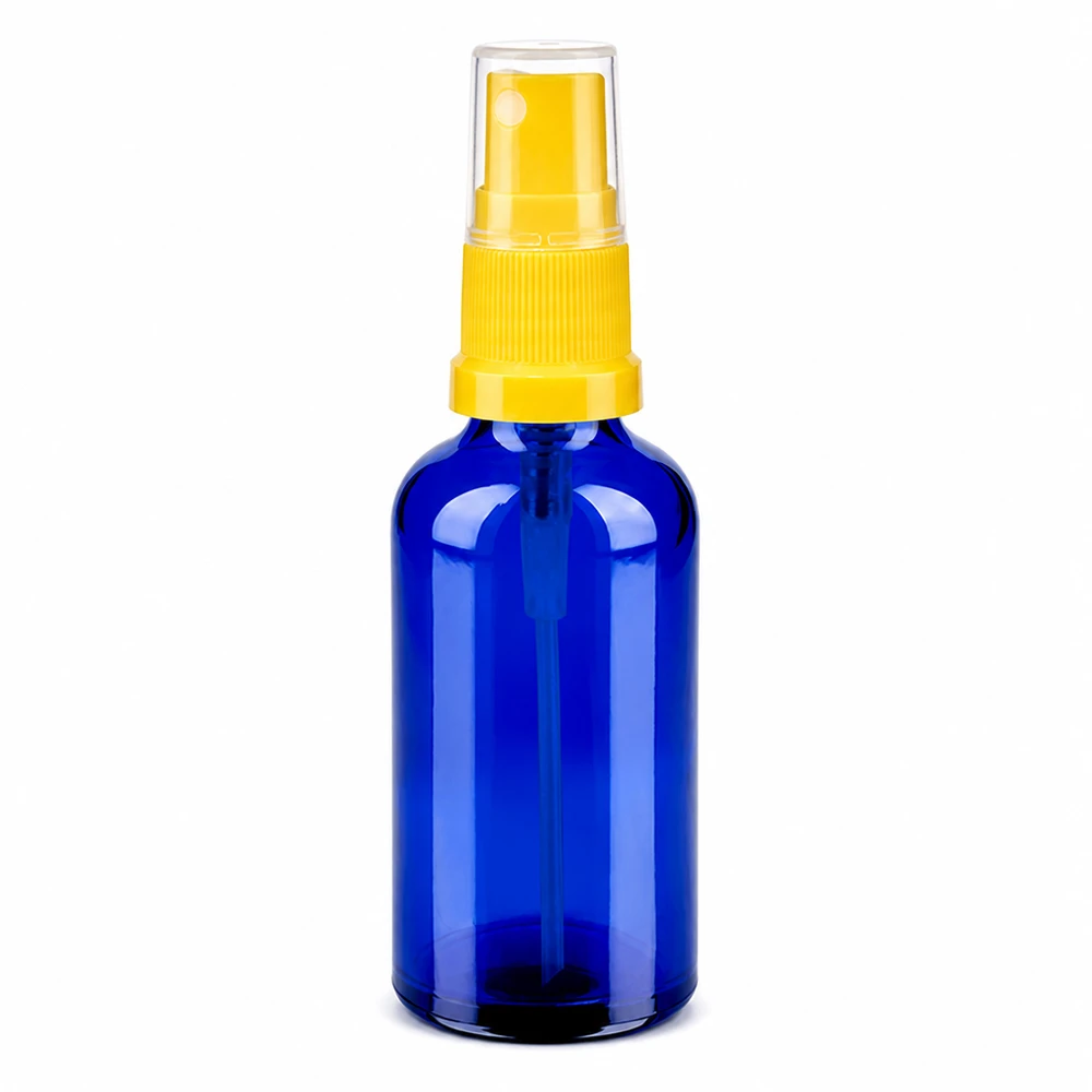 50 ml sprayflaske blå med gult glassprayhoved til kosmetik og æteriske olier