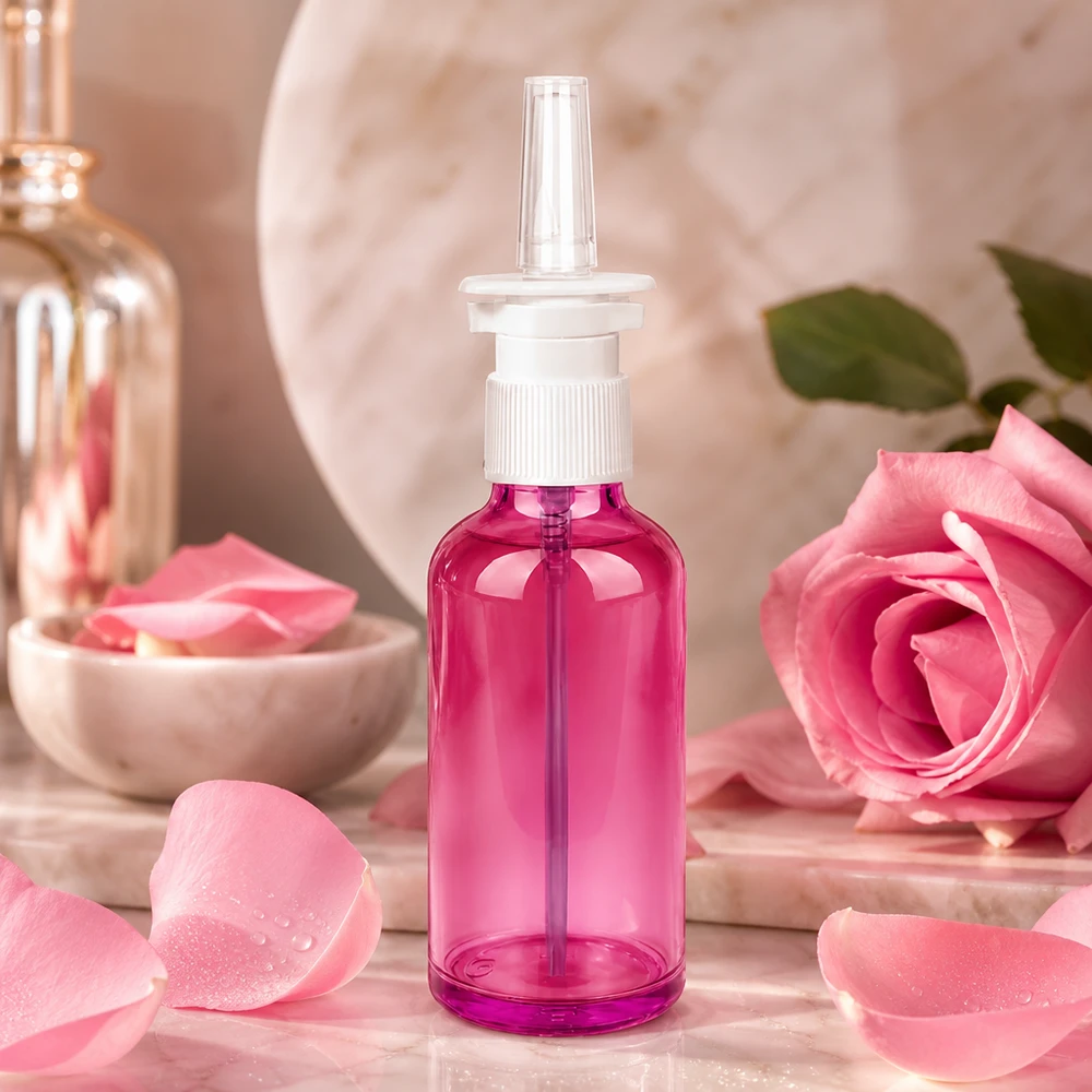 50 ml næsesprayflaske hvid/transparent standard PurpleLine. UT18/50 Kompakt 50 ml næsesprayflaske i plast i en elegant lilla farve til præcis dosering