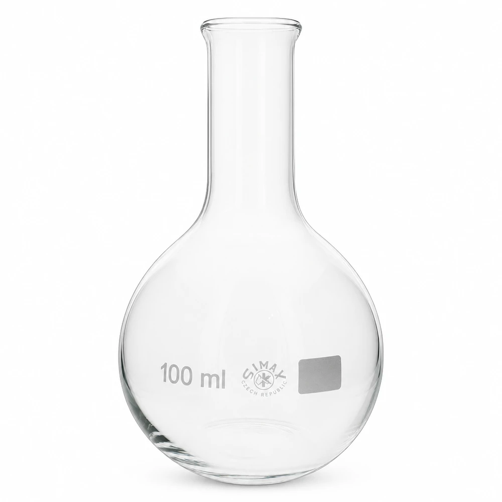 Stående kolbe 100 ml med smal hals Stående kolbe 100 ml med smal hals lavet af glas til laboratoriebrug