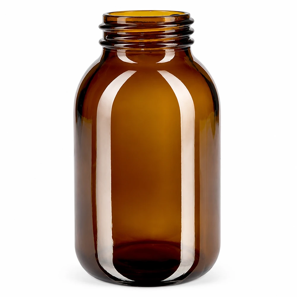 500 ml flaske med bred hals, ravfarvet glas 500 ml flaske med bred hals lavet af ravfarvet glas til farmaceutiske og kosmetiske anvendelser