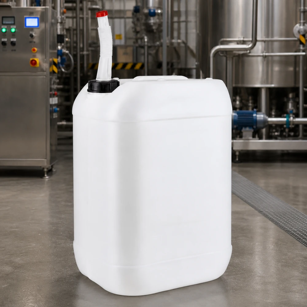 Beholder 25 liter med udløbsrør Flex Rektangulær industrikanister på 25 liter med drejbart udløbsrør i et moderne produktionsanlæg