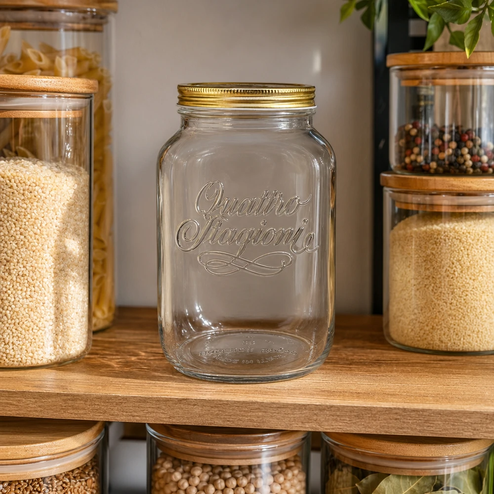 3800 ml rundt glas "Quattro Stagioni" med låg Quattro Stagioni 3800 ml opbevaringskrukke tom på en træhylde mellem opbevaringskrukker fyldt med krydderier og kornprodukter