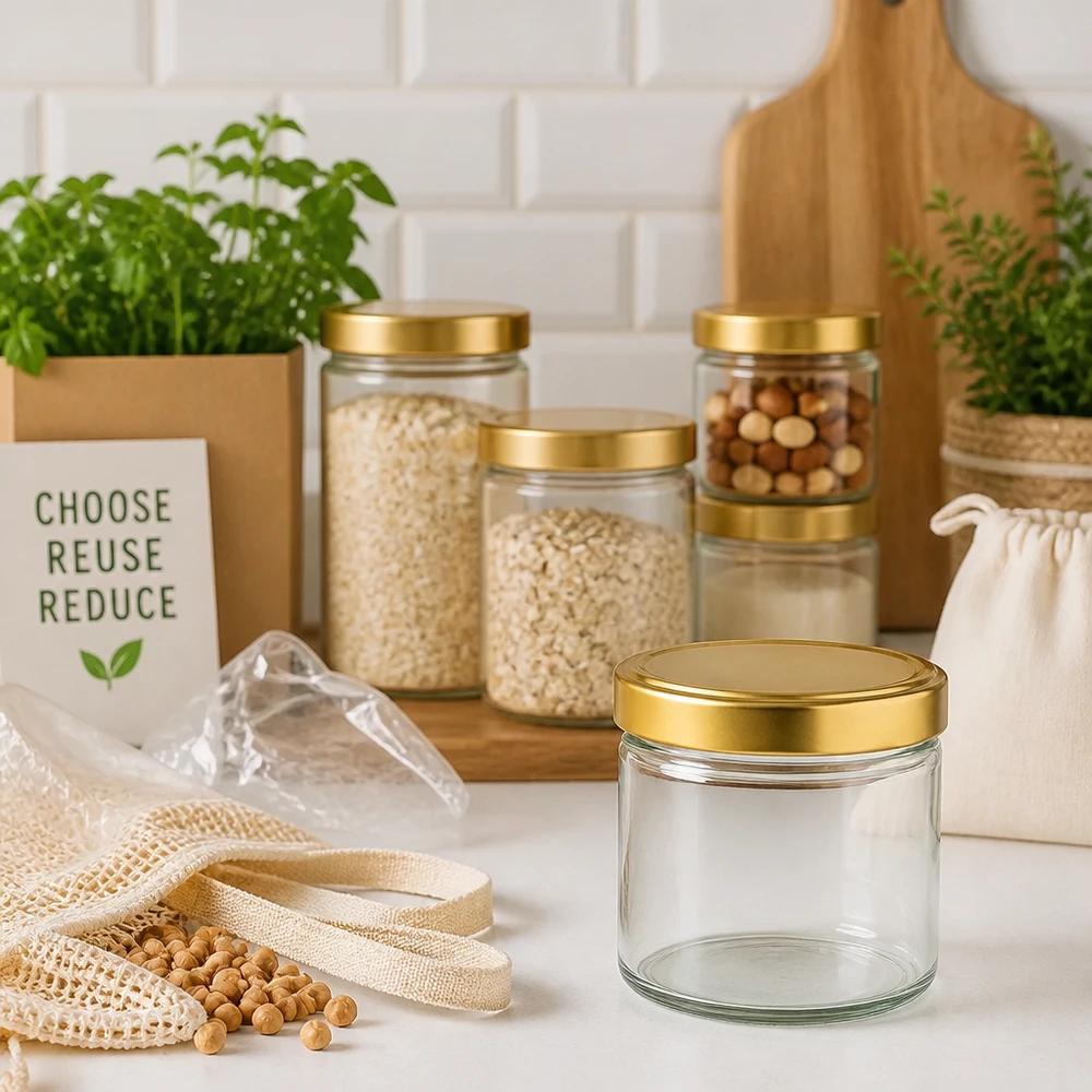 230 ml cylinderglas med BasicSeal-låg i guld UNiTWIST 230 ml cylinderkrukke med gyldent låg i bæredygtigt zero-waste-køkken mellem opbevaringskrukker og øko-produkter