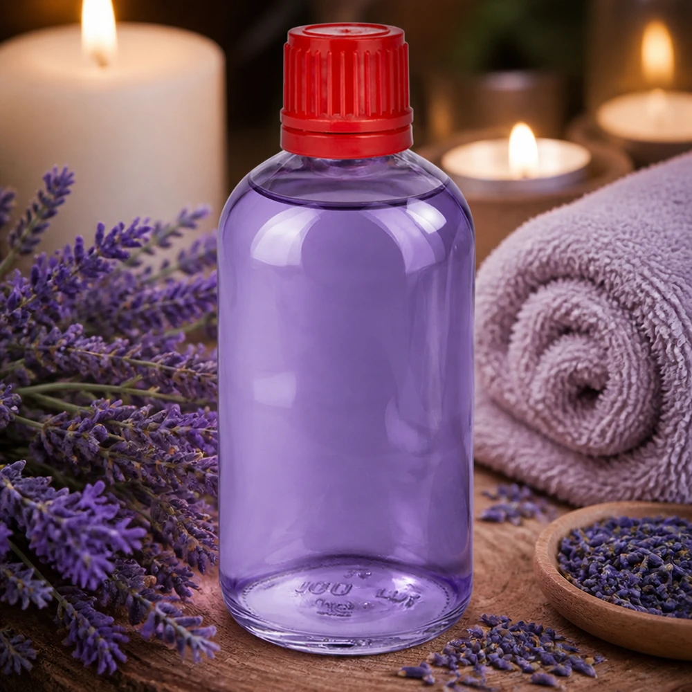 100 ml flaske 11 mm SV rød OV ClearLine UT18/100 Lilla 100 ml ClearLine-flaske med rød OV-lukning blandt friske lavendelblomster i spaen