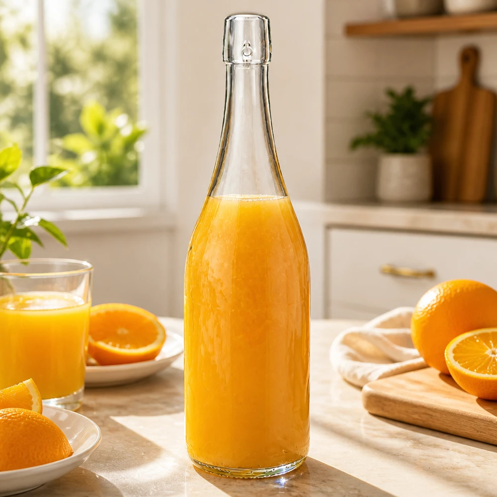 750 ml glasflaske uden skruelåg UNiTWIST 750 ml UNiTWIST-glasflaske fyldt med frisk appelsinjuice let køkken morgenmad C-vitamin sund ernæring