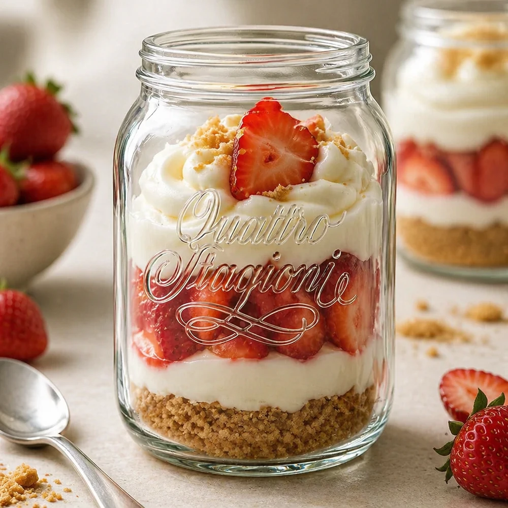 2000 ml husholdningsglas "Quattro Stagioni" Quattro Stagioni Glas 2000ml mit Erdbeer-Dessert befüllt - vielseitiges Haushaltsglas für Einmachen und Dekoration
