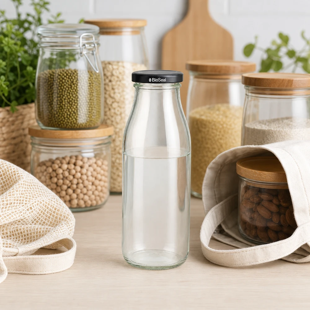500 ml glasflaske + BioSeal-låg sort UNiTWIST. Absolut lækagesikker med stort TO48-låg. Til mælk, juice og limonade. 500 ml glasflaske med sort BioSeal-låg i et bæredygtigt køkkenmiljø med opbevaringskrukker og juteposer