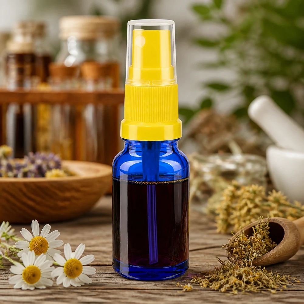 Kompakt 10 ml sprayflaske af blåt glas med gult sprayhoved til kosmetik BlueLine UT18 10