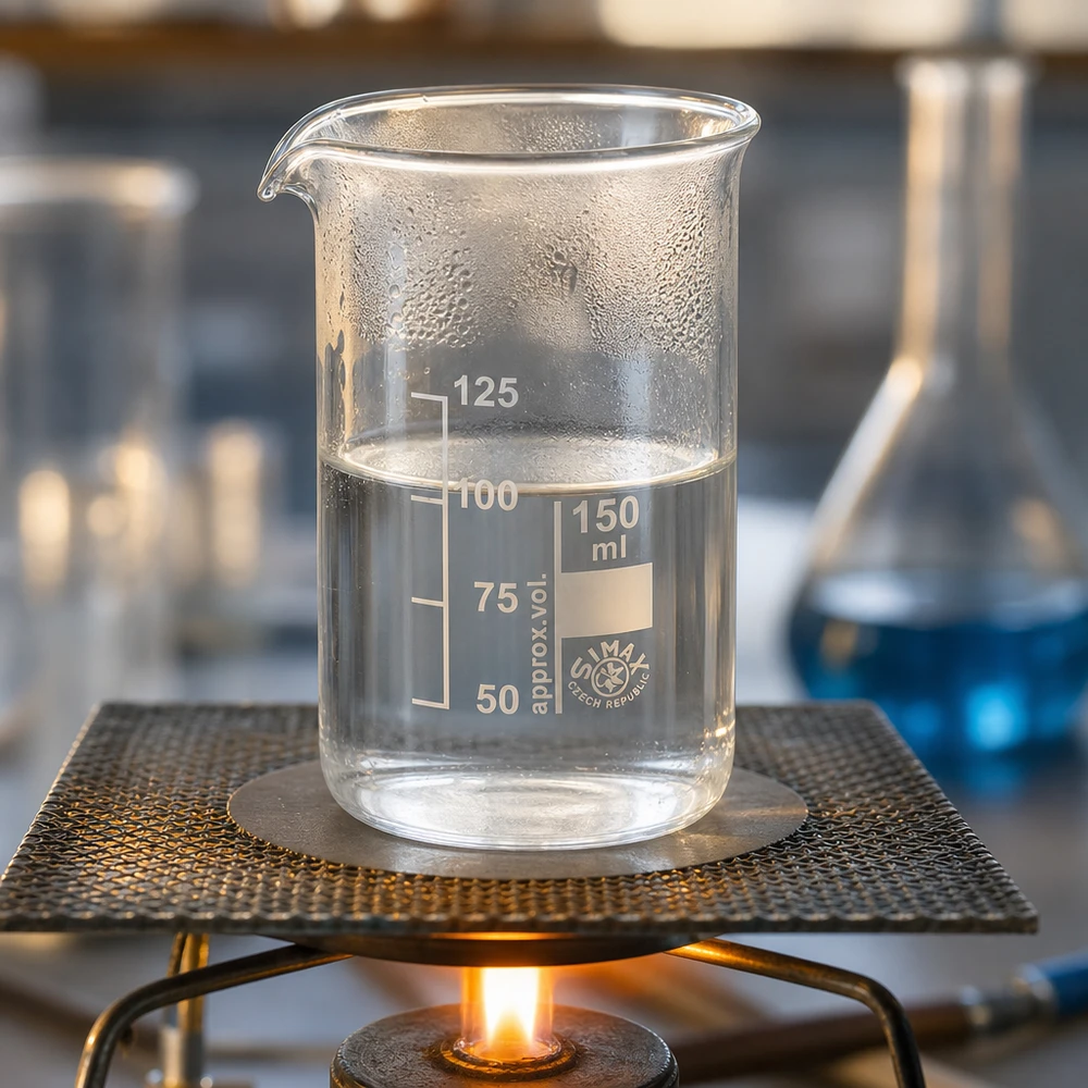 Bægerglas 150 ml borosilikatglas, høj form Et 150 ml bægerglas med høj form, der opvarmes over en bunsenbrænder med en klar væske i laboratoriet