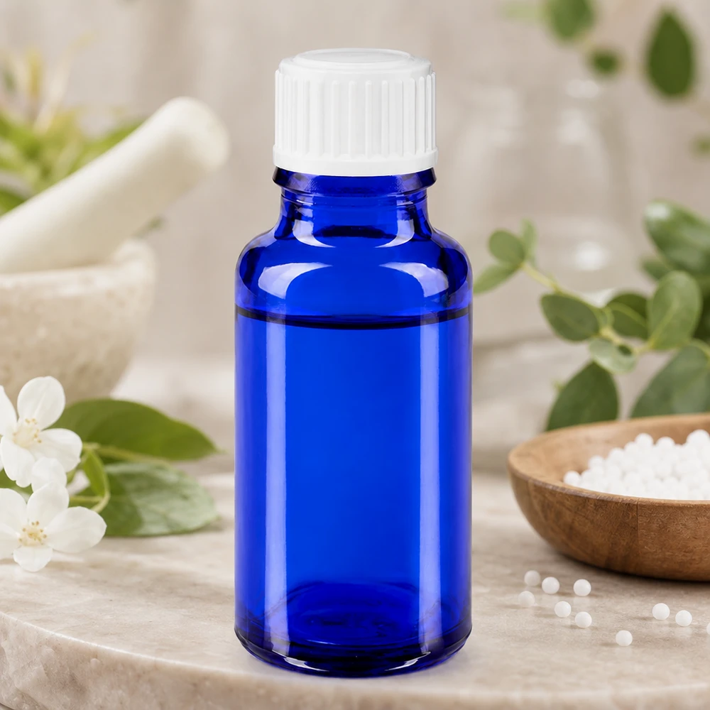 Apoteksflaske blå 20 ml skruelåg hvid pc En koboltblå glasflaske på 20 ml med hvid skruelåg ved siden af en morter og homøopatiske kugler