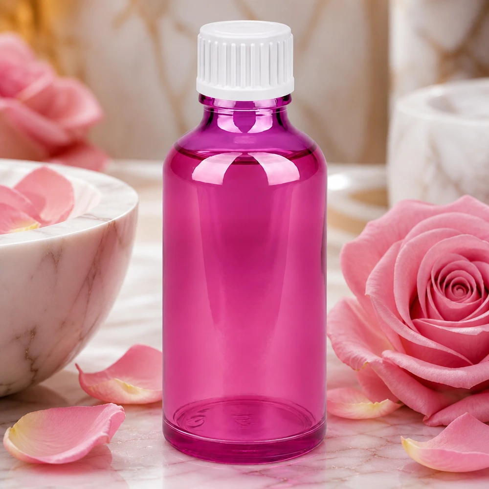 50 ml (globule) flaske 3 mm hældering hvid Standard PurpleLine. UT18/50 Kompakt 50 ml glasflaske i lilla til aromaterapi og naturlige hudplejeessenser
