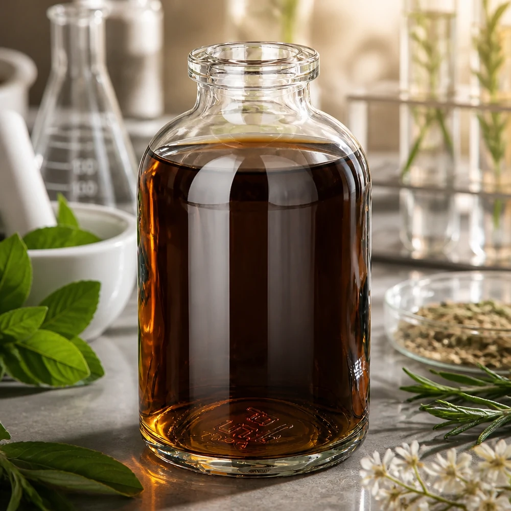 Injektionsflaske i klart glas 50 ml Kompakte Injektionsflasche 50ml aus Klarglas mit amber Naturstoffextrakt und Laborausstattung