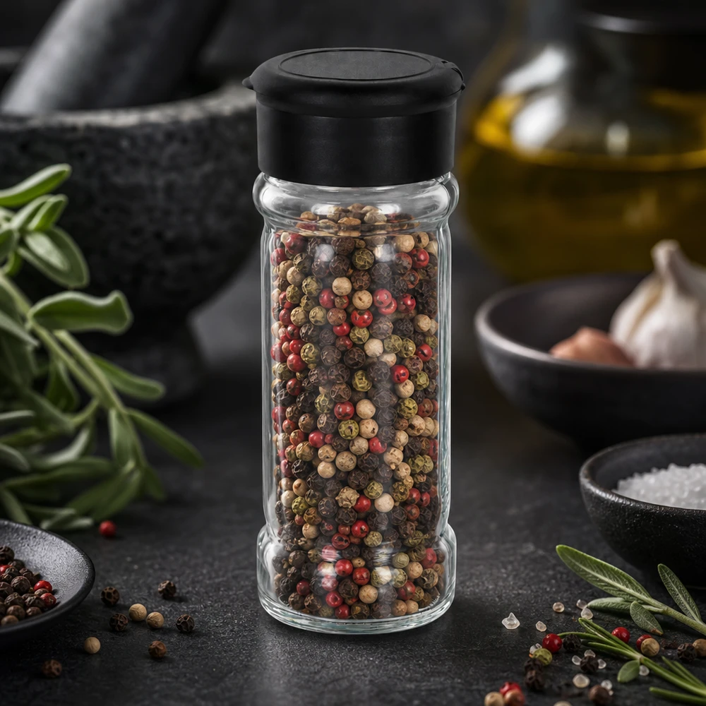 Salt-/krydderikrukke 100 ml med strøer, sort Krydderistrøer i klart glas, 100 ml, med sort låg, fyldt med en farverig peberblanding på en mørk bordplade
