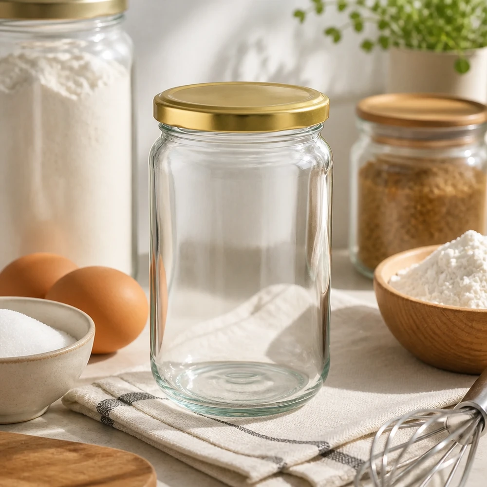 305 ml rund krukke med BasicSeal-låg i guld UNiTWIST 305ml Rundglas UNiTWIST mit goldnem Deckel in moderner Küche - perfekt zum Backen und Kochen mit Eiern und Mehl
