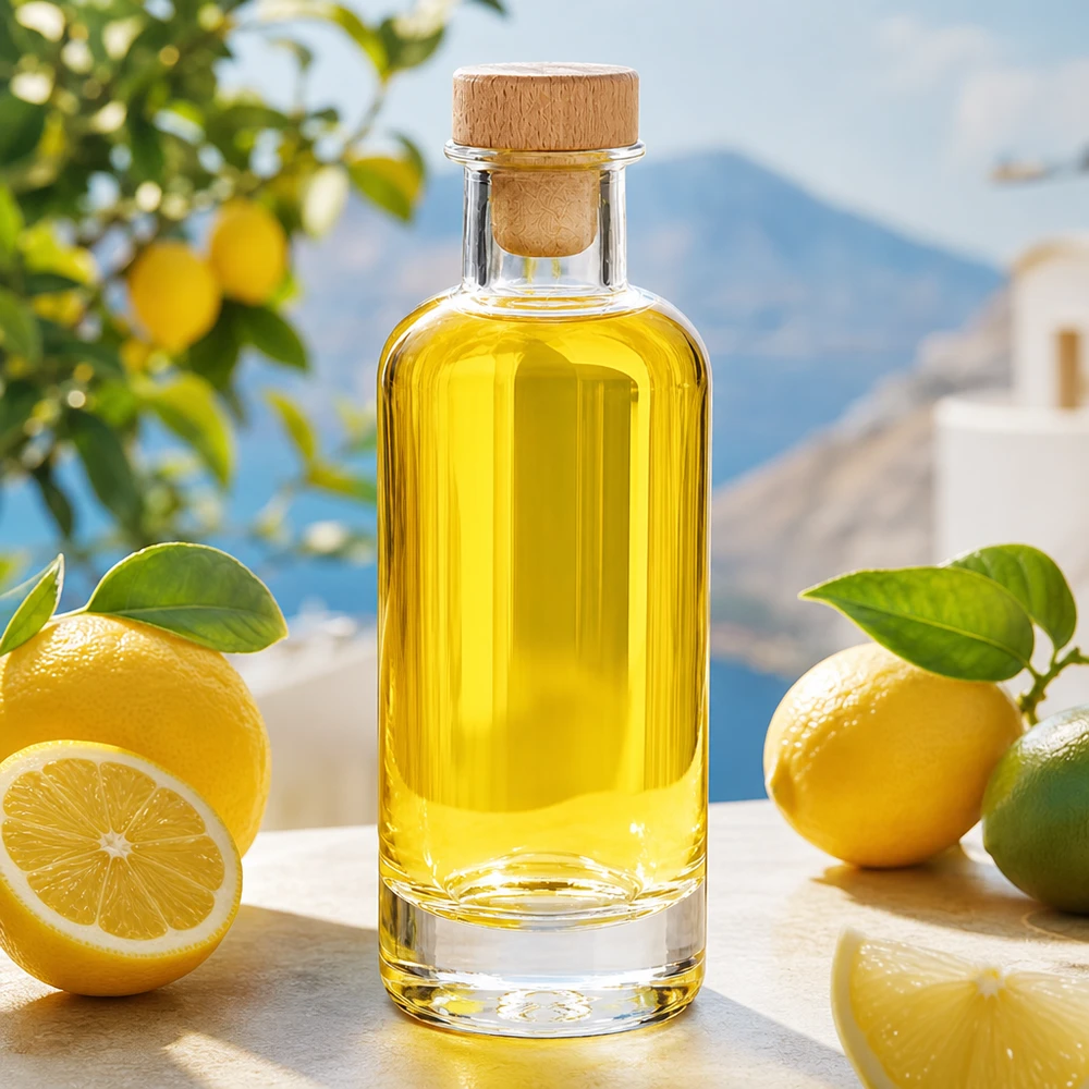 200 ml glasflaske »Ella« med træhåndtag og prop UNiTWIST® Ella 200 ml glasflaske med træprop fyldt med gul olie omgivet af friske citroner i et middelhavsmiljø