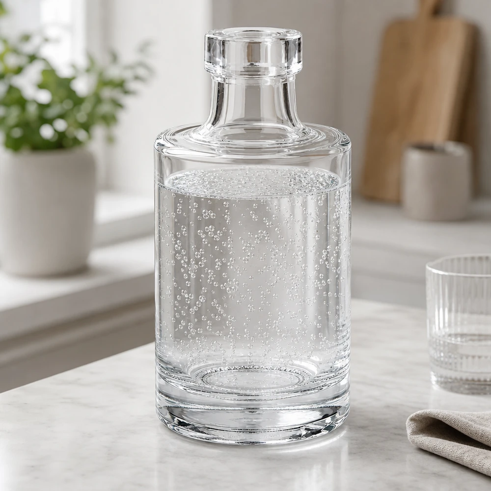 100 ml glasflaske »Marie« uden lukning UNiTWIST® 100 ml glasflaske Marie med klart vand og kulsyreholdige bobler i en elegant køkkenatmosfære med glaslåg