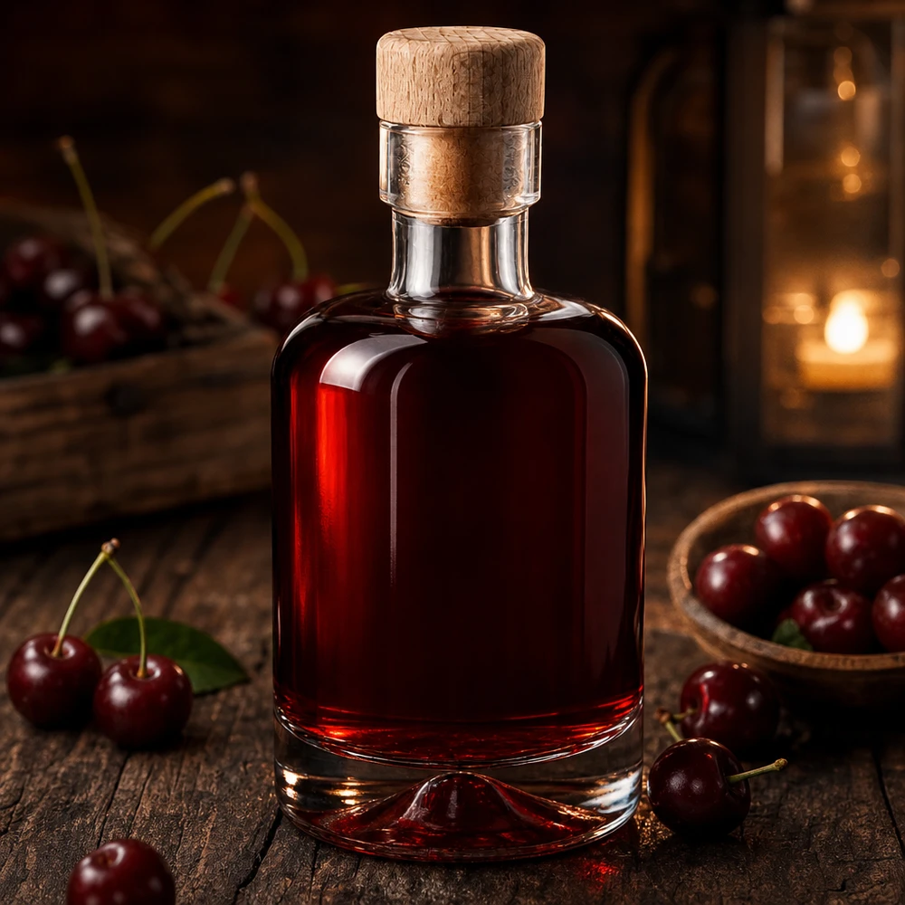 50 ml glasflaske Amelie med træhåndtag UNiTWIST 50 ml glasflaske Amelie fyldt med mørkerød kirsebærlikør mellem friske kirsebær arrangeret rustikt på træ
