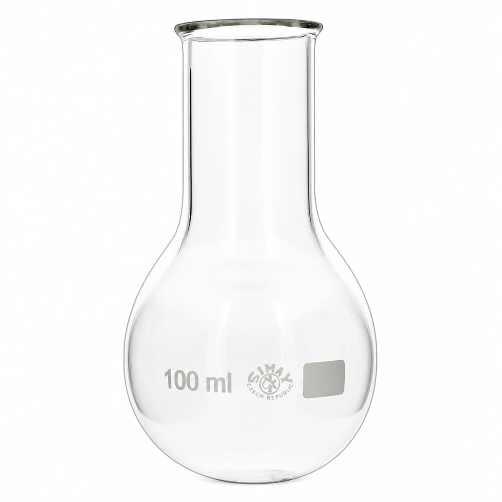 Kolbe med rund bund 100 ml bred hals Rundbundet kolbe med 100 ml bred hals af klart borosilikatglas til laboratoriebrug
