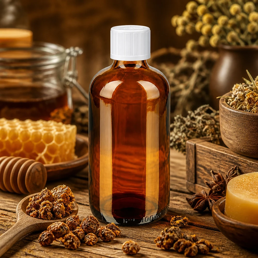Apoteksflaske brun 100 ml skruelåg hvid KiSi St 100 ml apoteksflaske af brunt glas med hvid børnesikring og honning og propolis – naturmedicin