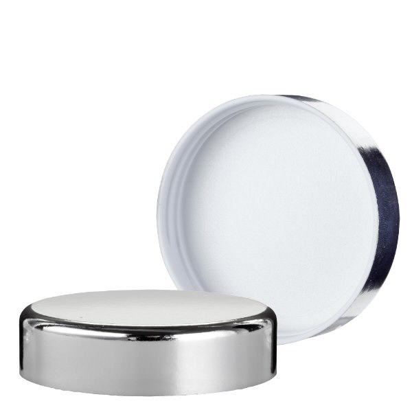 Skruelåg sølv fremstillet af hærdet plast, gevind 52 mm ApoGlas. Farmaceutisk kvalitet fra EU-produktion. Til 50 ml glaskrukke (art. nr. 104800).