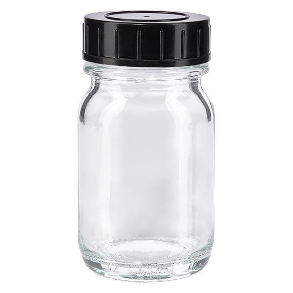 30 ml flaske med bred hals i klart glas med skruelåg