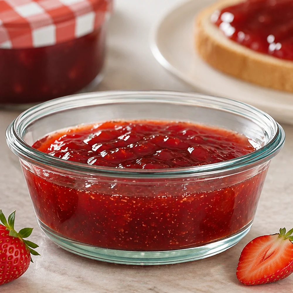 WECK RR120 Gourmetglas 300ml fyldt med rød marmelade viser brug som syltetøjsglas med jordbær
