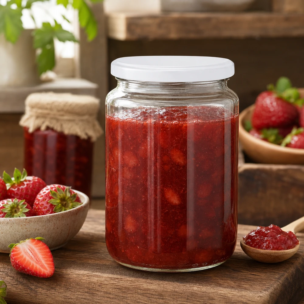 795 ml rund krukke med BasicSeal-låg hvid UNiTWIST 795 ml rund krukke UNiTWIST fyldt med jordbærmarmelade er ideel til hjemmelavet marmelade og konserves.