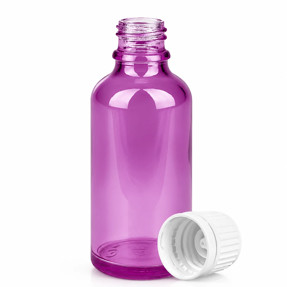 50 ml flaske 11 mm skruelåg hvid Originality skruelåg PurpleLine UT18/50 50 ml dråbeflaske af violet glas med 18 mm DIN-gevind til aromaterapi og kosmetik