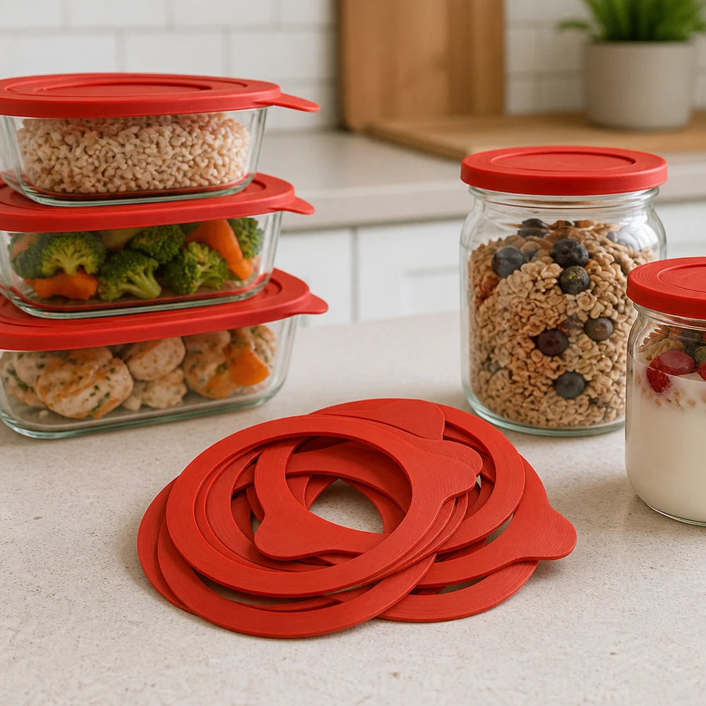 Tætningsring af naturgummi RR80 Konserveringsring RR80 naturgummi rød flere ringe på køkkenbordplade med opbevaringsglas Müsli Grøntsager Meal Prep