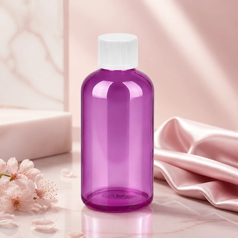 100 ml flaske 11 mm skruelåg hvid standard børnesikret PurpleLine. UT18/100 Lilla gennemsigtig flaske 100 ml med børnesikker hvid hætte UT18-gevind til sikker opbevaring af lægemidler
