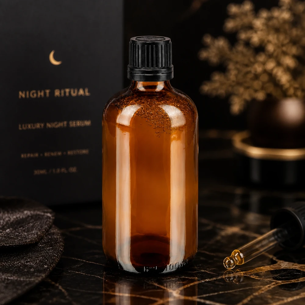 Apoteksflaske brun 100ml dryp v. Pr 1mm sort OV 100 ml brun glasflaske med sort ydre emballage og dråbeindsats ved siden af Luxury Night Ritual Serum-æsken
