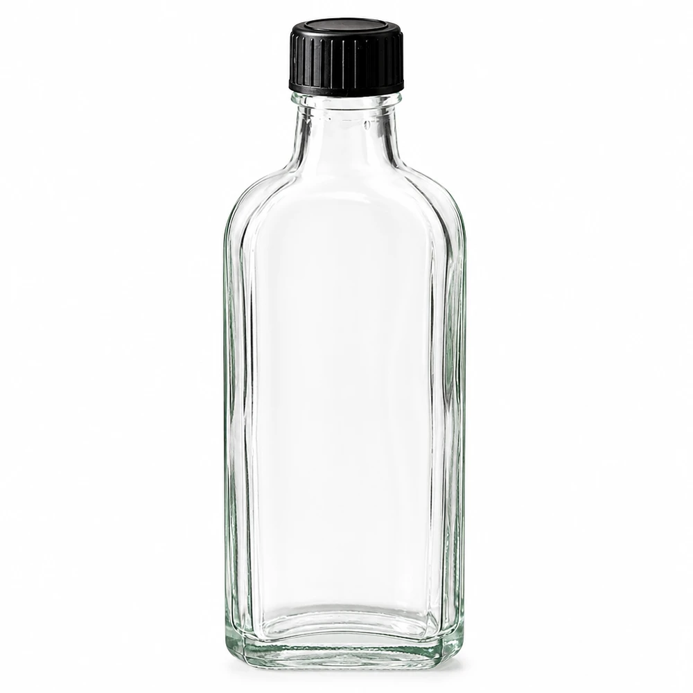 100 ml Meplat-glasflaske, klar, med sort skruelåg og LKD-tætningsskive