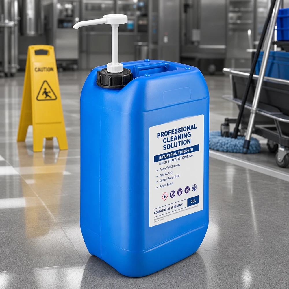 15 liters blå dunk med doseringspumpe Robust 15-liters dunk i blå med ergonomisk doseringspumpe til rengøringsmidler til erhvervsbrug